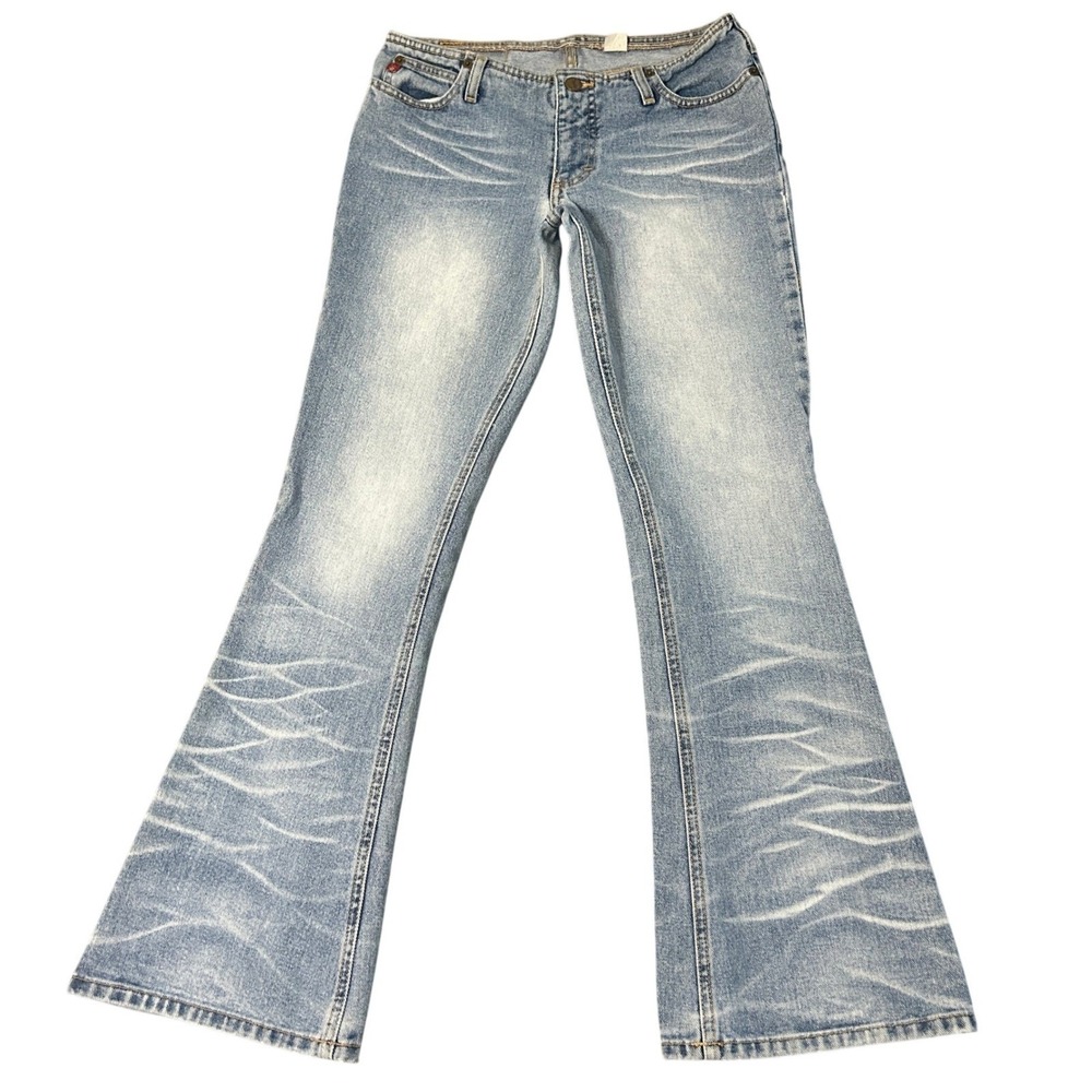 Vintage Mudd Jeans Womens 7 Blue Flared Low Rise Y2K Light Wash Whiskered 29x30